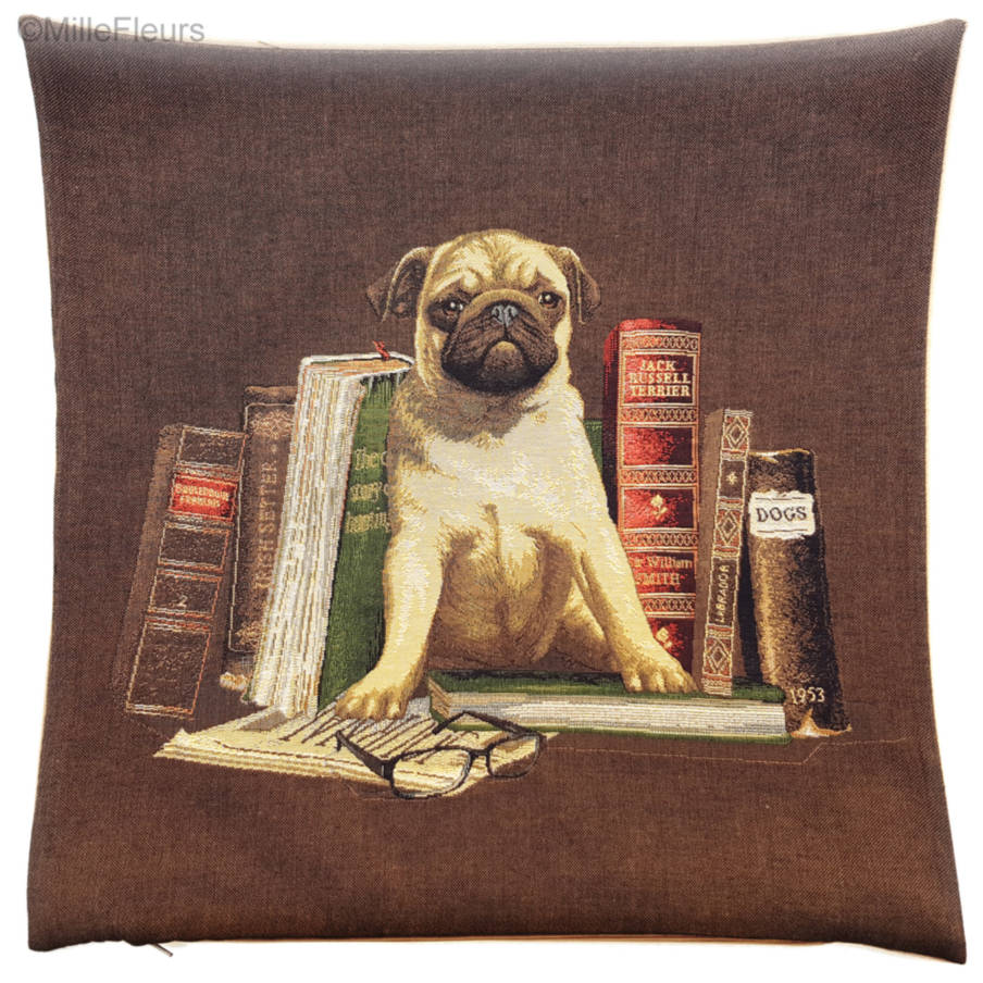 Bibliotheek Mopshond Sierkussens Honden - Mille Fleurs Tapestries