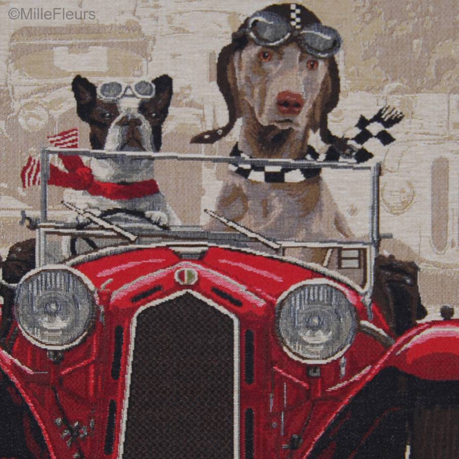 French Bulldog and Weimaraner in Red Car Tapestry cushions Dogs in Traffic - Mille Fleurs Tapestries