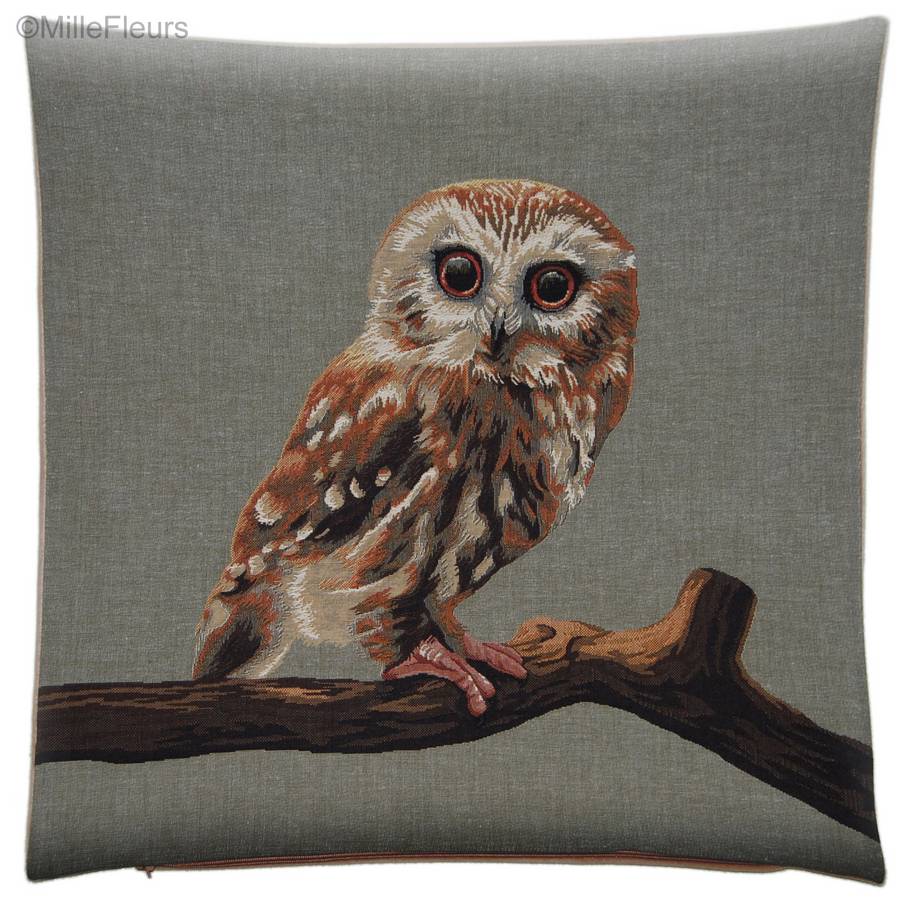 Owl, green/grey Tapestry cushions Birds - Mille Fleurs Tapestries