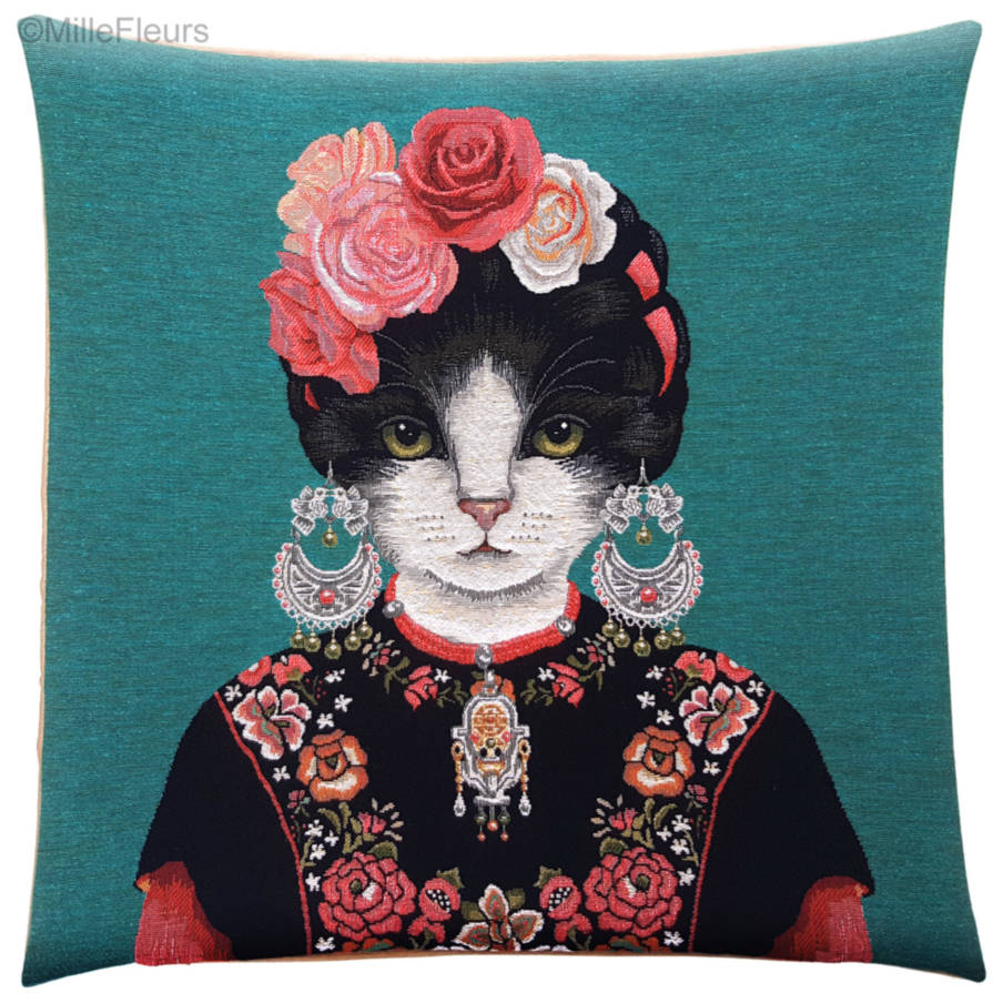 Frida Kahlo Cat & Earrings, blue Tapestry cushions Cats - Mille Fleurs Tapestries