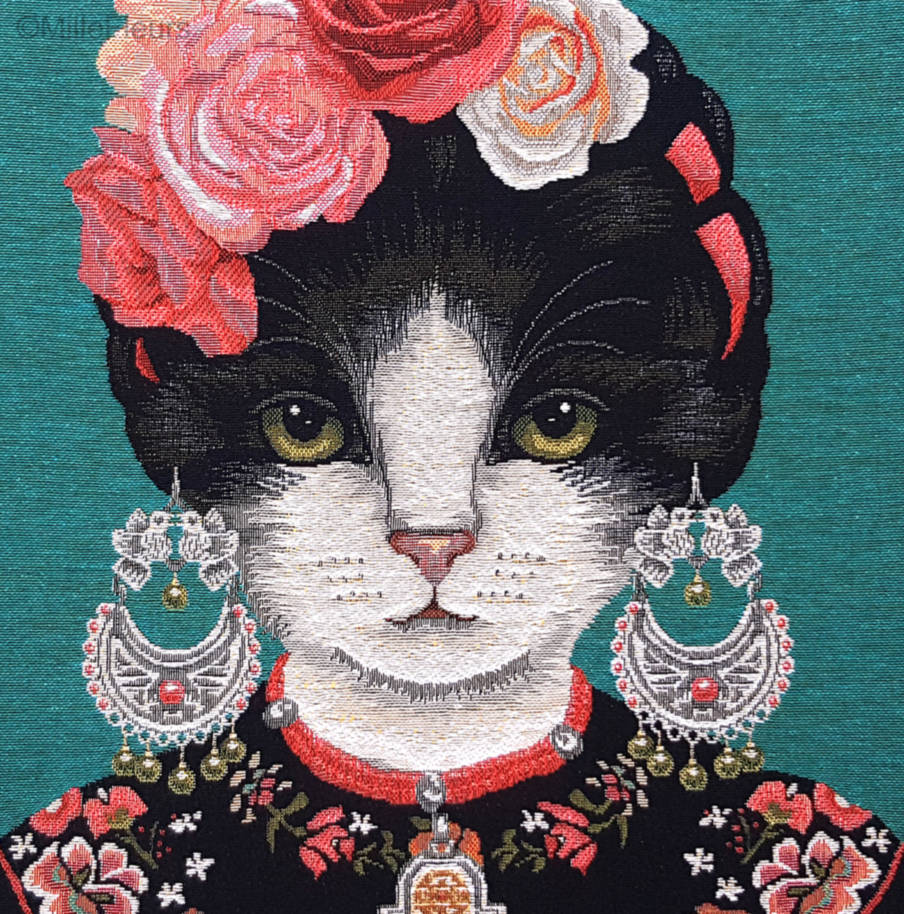 Frida Kahlo Cat & Earrings, blue Tapestry cushions Cats - Mille Fleurs Tapestries