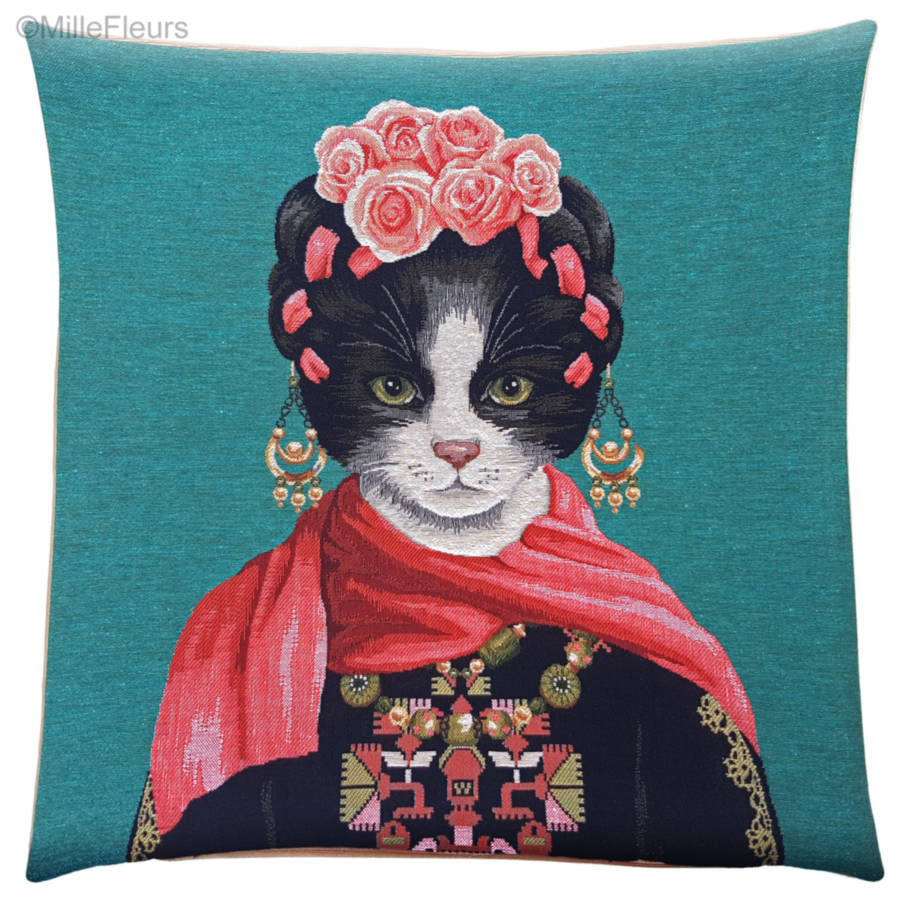 Frida Kahlo Cat & Scarf, blue Tapestry cushions Cats - Mille Fleurs Tapestries