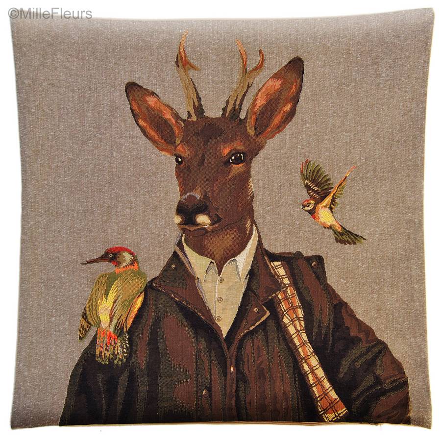 Dressed Deer with Birds Tapestry cushions Deer - Mille Fleurs Tapestries