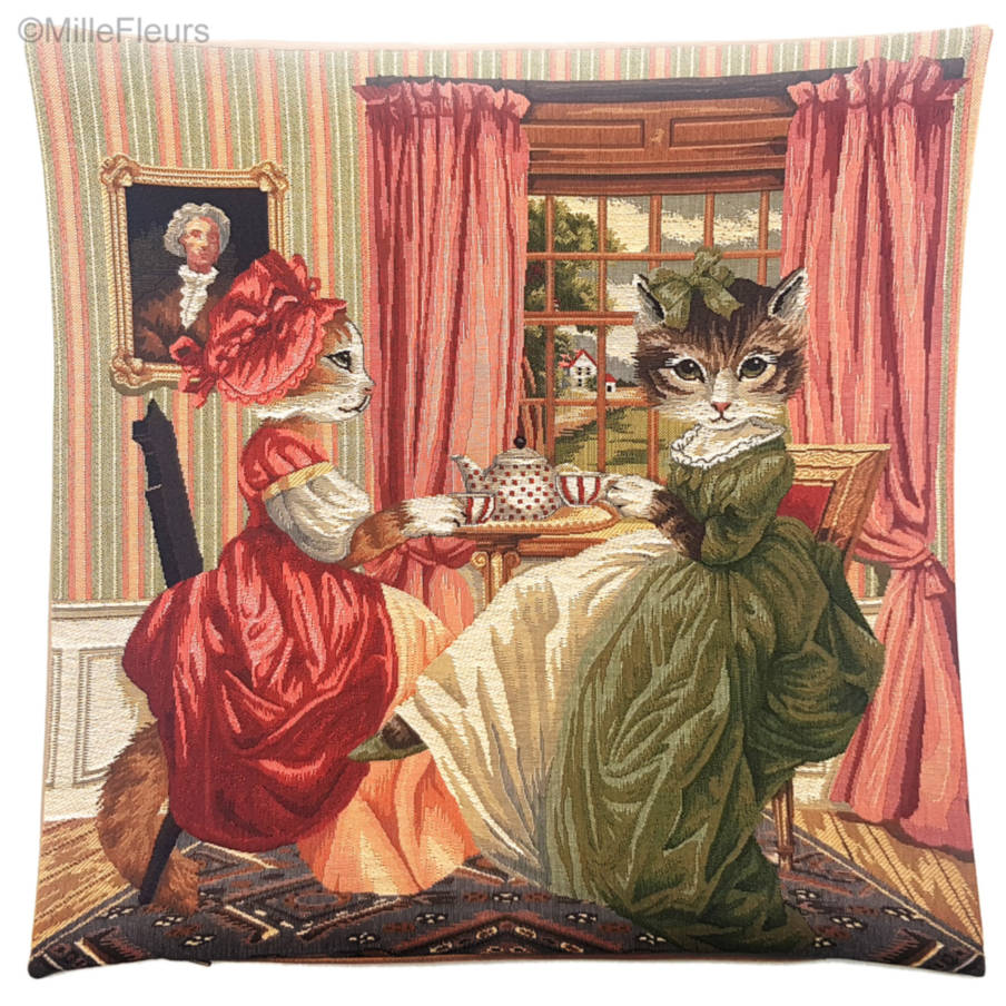 Cat Tea Party Tapestry cushions Cats - Mille Fleurs Tapestries