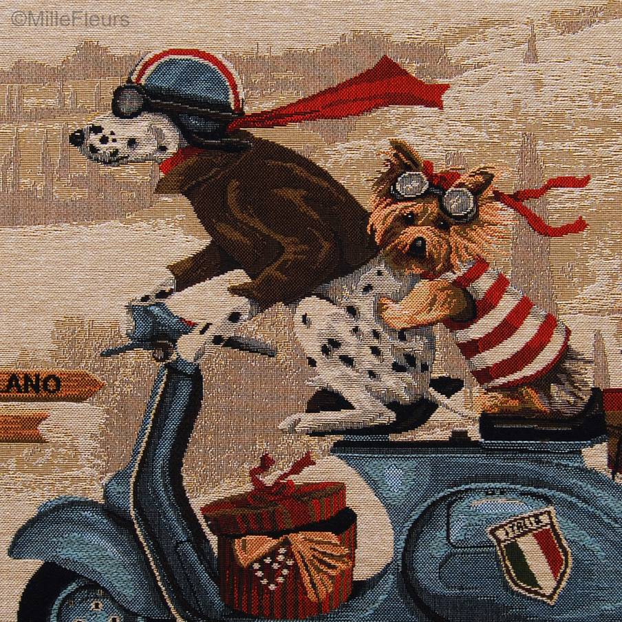 Dalmatian and Yorkshire Terrier on Blue Vespa Tapestry cushions Dogs in Traffic - Mille Fleurs Tapestries