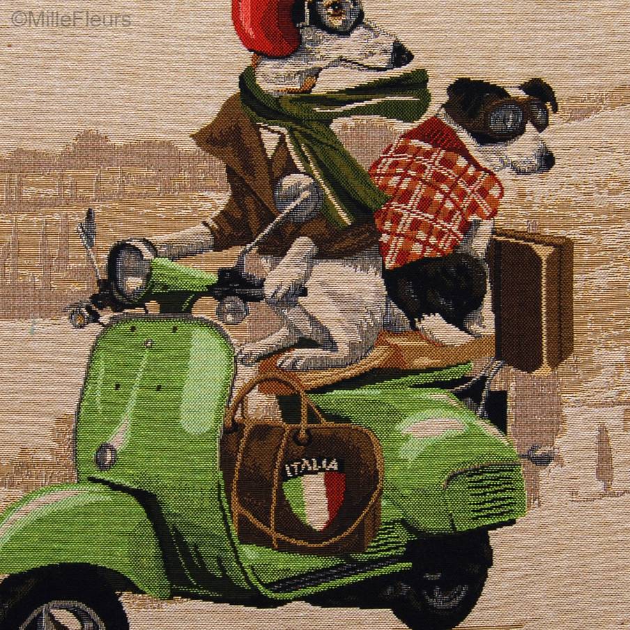 Whippet and Jack Russell on Green Vespa Tapestry cushions Dogs in Traffic - Mille Fleurs Tapestries