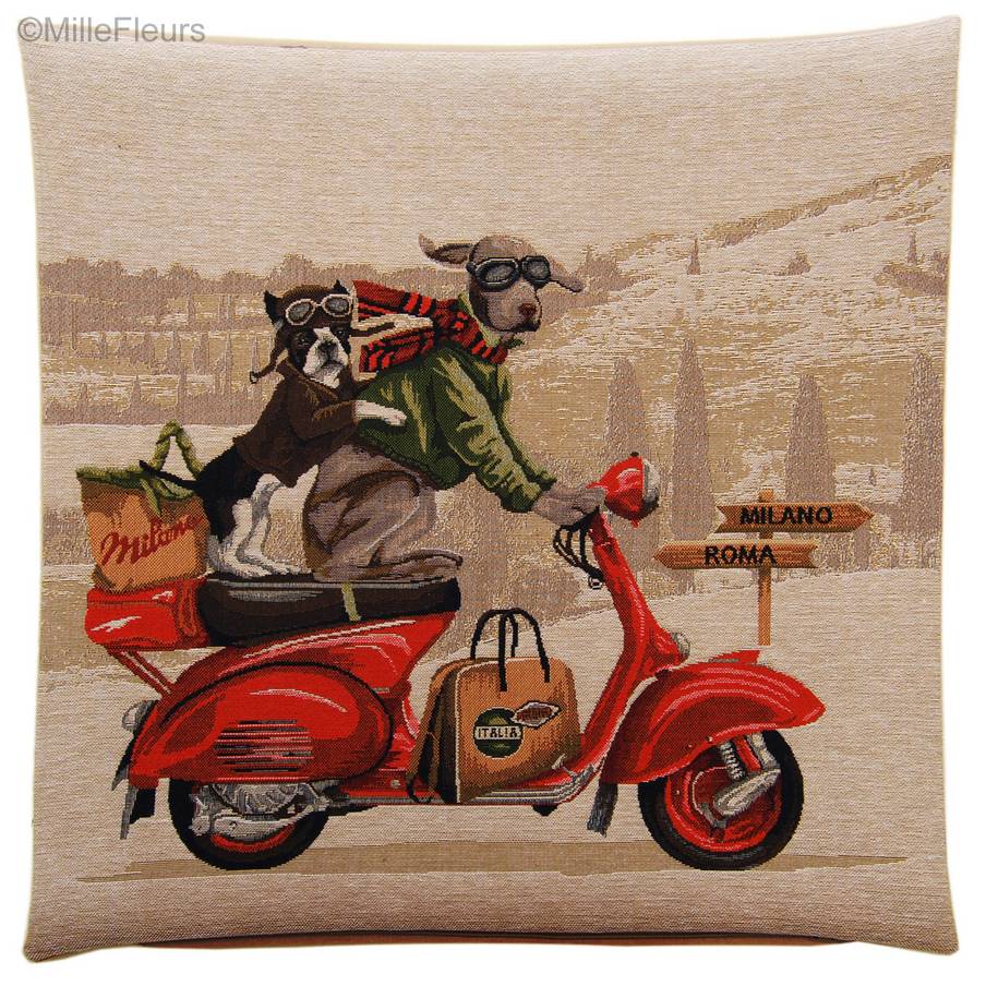 Weimaraner and French Bulldog on Red Vespa Tapestry cushions Dogs in Traffic - Mille Fleurs Tapestries
