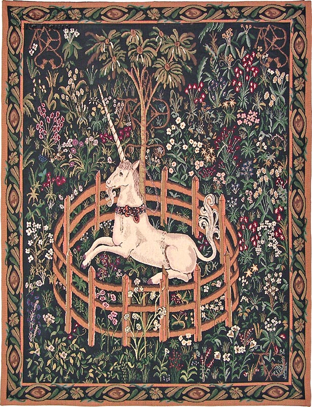 Eenhoorn in Gevangenschap, border Wandtapijten Jacht op de Eenhoorn - Mille Fleurs Tapestries