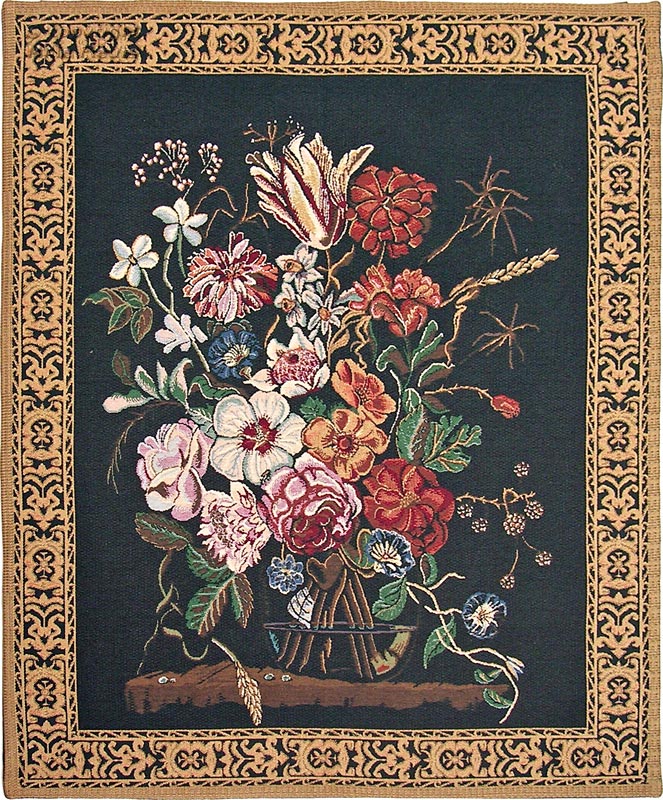 Bouquet Verendael, black Wall tapestries Dutch Floral Paintings - Mille Fleurs Tapestries