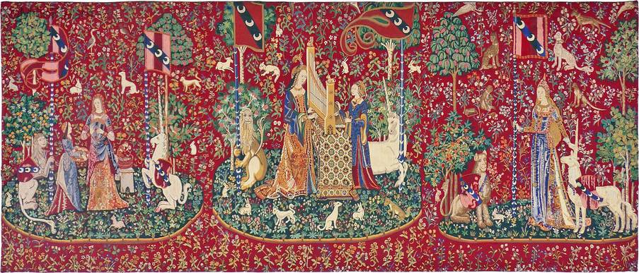 L'Odorat, L'Ouïe et Le Toucher Tapisseries murales Dame à la Licorne - Mille Fleurs Tapestries