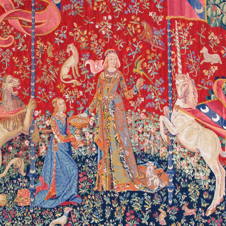 The Taste, red Wall tapestries Lady and the Unicorn - Mille Fleurs Tapestries