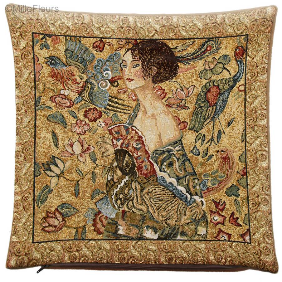 Dame avec Éventail (Gustav Klimt) Housses de coussin Gustav Klimt - Mille Fleurs Tapestries