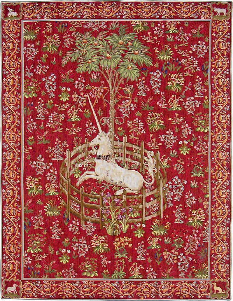 Unicorn in Captivity, red Wall tapestries Hunting for the Unicorn - Mille Fleurs Tapestries