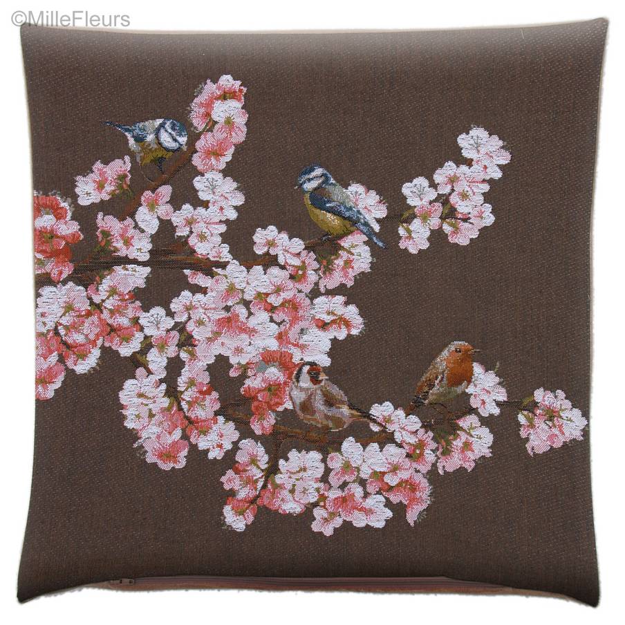 Passereaux, marron Housses de coussin Oiseaux - Mille Fleurs Tapestries