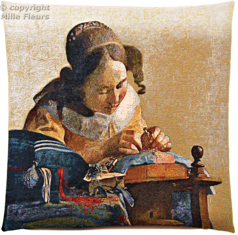 La Dentellière (Vermeer) Housses de coussin Chefs-d'œuvre - Mille Fleurs Tapestries