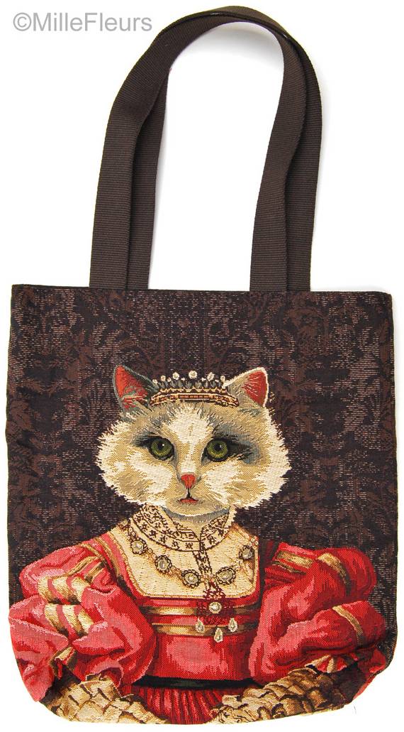 Kat met Kroon en Rode Jurk Shoppers Katten en Honden - Mille Fleurs Tapestries