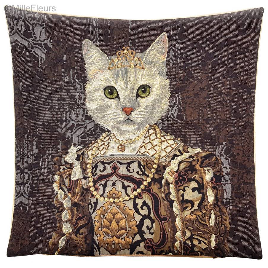 Gato con Corona y Collar Fundas de cojín Gatos - Mille Fleurs Tapestries