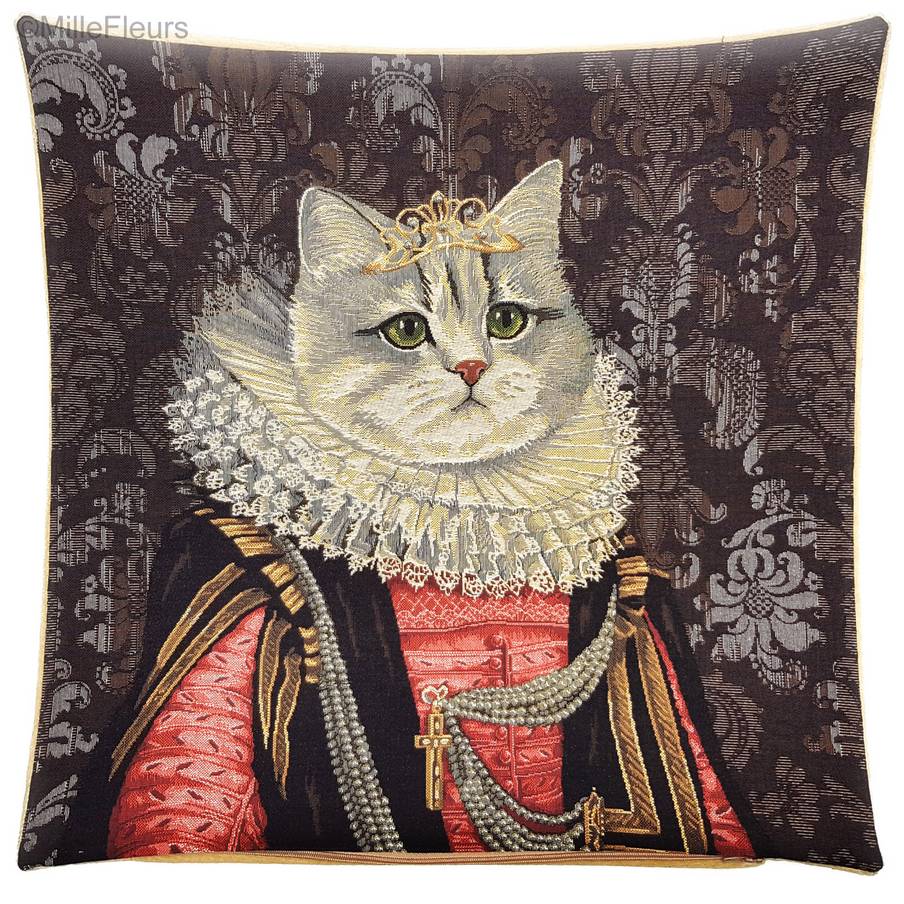 Kat met Kroon en Kanten Kraag Kussenslopen Katten - Mille Fleurs Tapestries