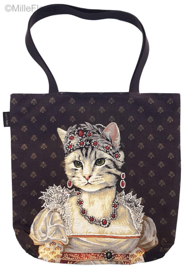 Joséphine with Crown Tote Bags Cats and Dogs - Mille Fleurs Tapestries