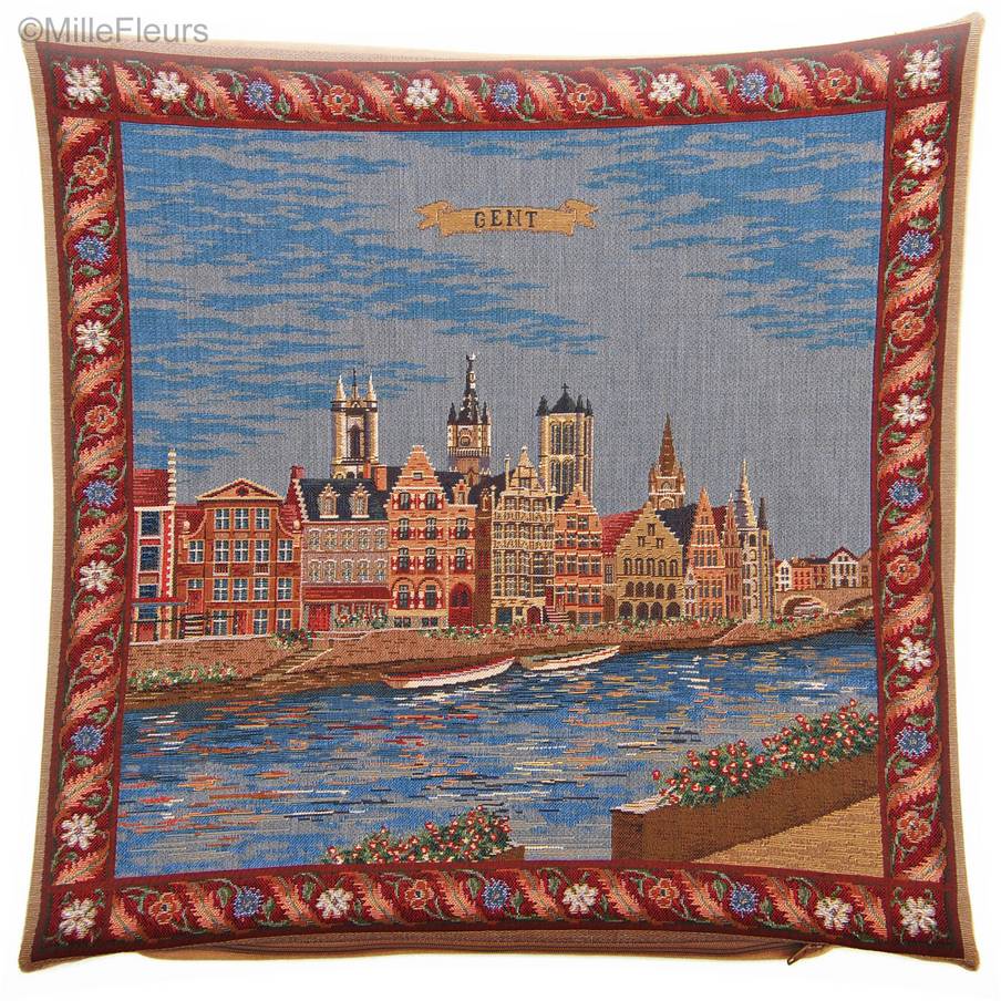 Graslei te Gent Sierkussens Belgische Historische Steden - Mille Fleurs Tapestries
