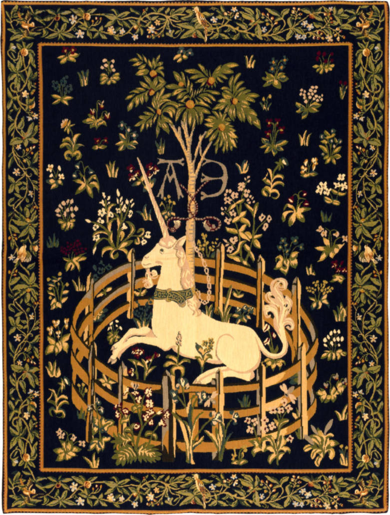 Unicorn in Captivity Wall tapestries Hunting for the Unicorn - Mille Fleurs Tapestries