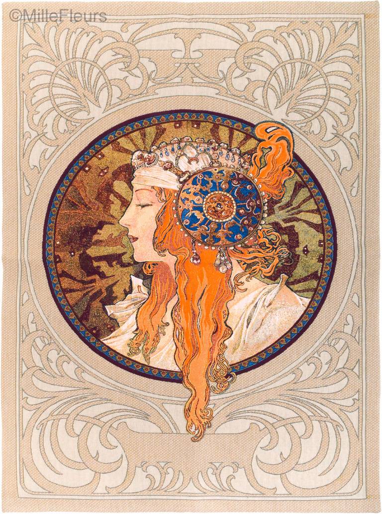 Byzantijns Hoofd: Blondine (Mucha) Wandtapijten Alfons Mucha - Mille Fleurs Tapestries