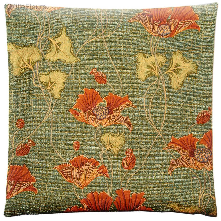 Art Nouveau Coquelicot, vert Housses de coussin Coquelicots - Mille Fleurs Tapestries