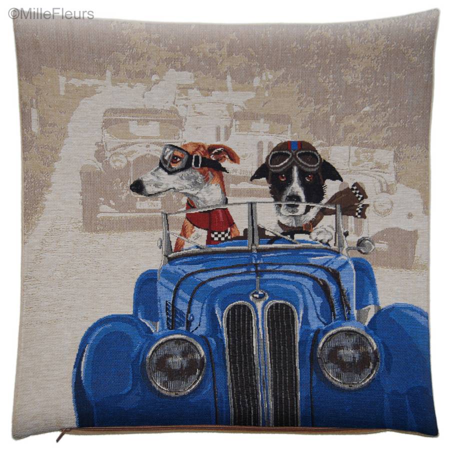 Whippet and Border Collie in Blue Car Tapestry cushions Dogs in Traffic - Mille Fleurs Tapestries