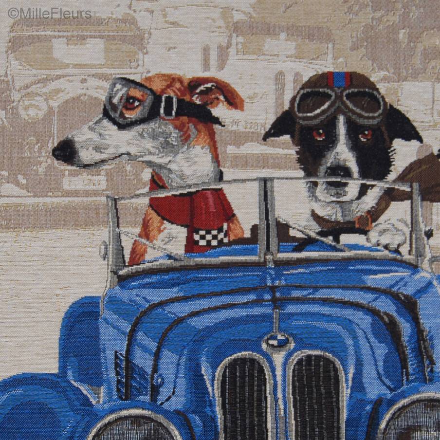 Whippet and Border Collie in Blue Car Tapestry cushions Dogs in Traffic - Mille Fleurs Tapestries