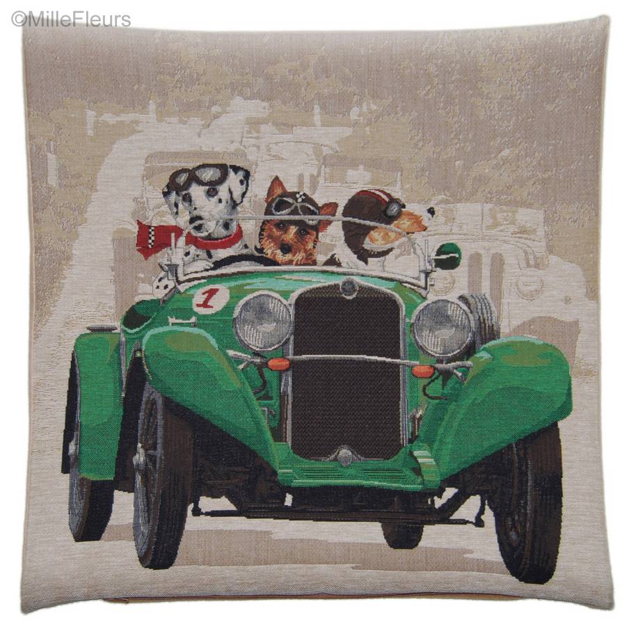 Dalmatian,Yorkshire Terrier and Jack Russell in Green Car Tapestry cushions Dogs in Traffic - Mille Fleurs Tapestries