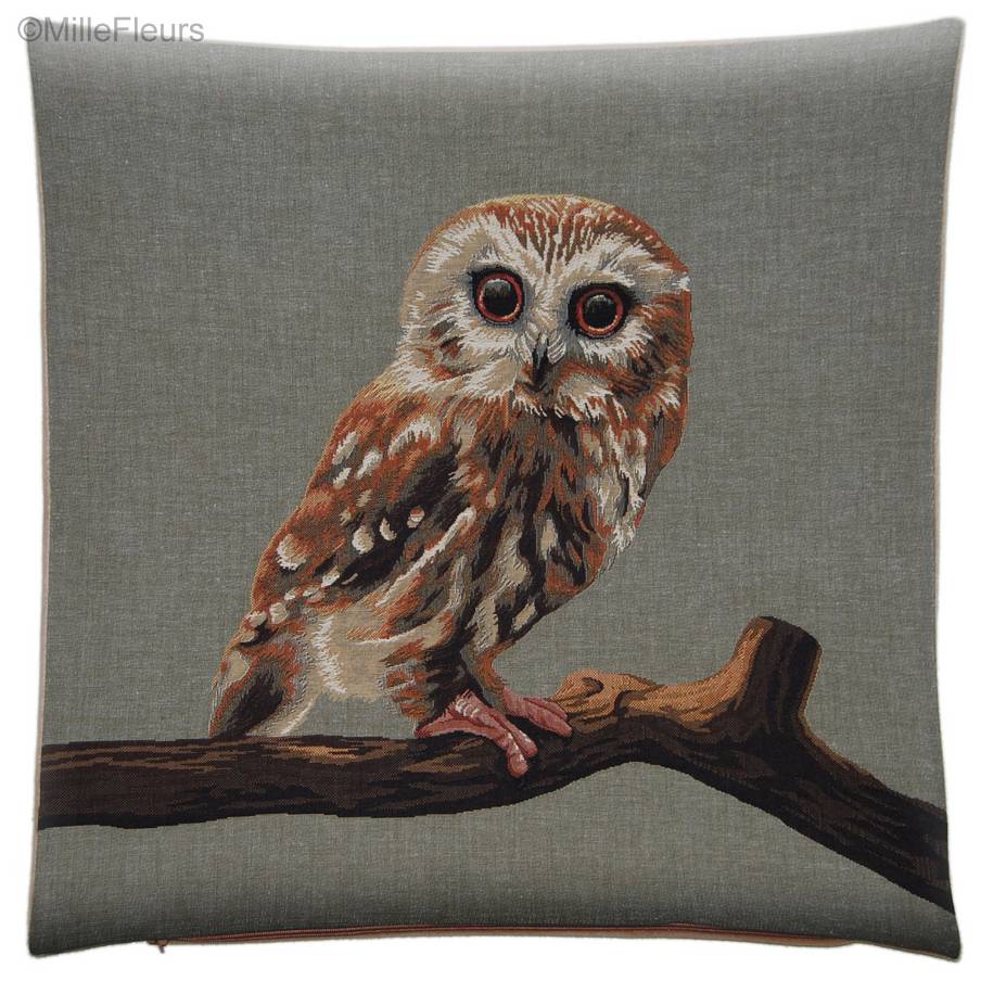 Hibou, vert/gris Housses de coussin Oiseaux - Mille Fleurs Tapestries