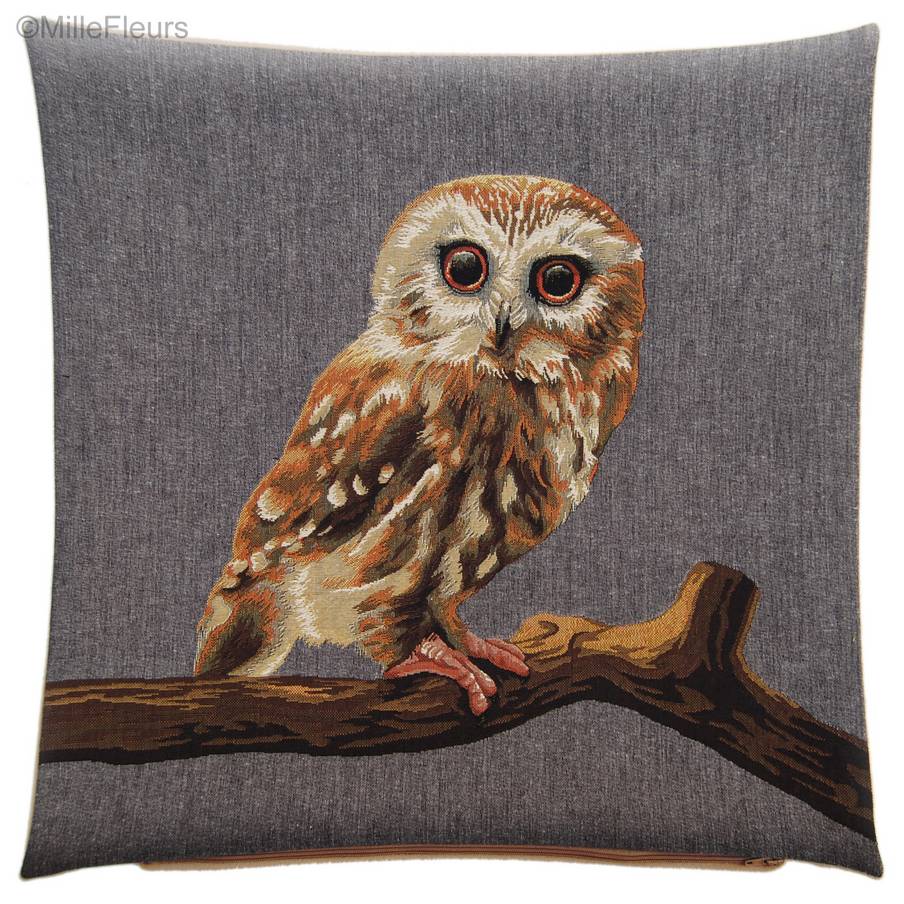 Hibou, gris Housses de coussin Oiseaux - Mille Fleurs Tapestries