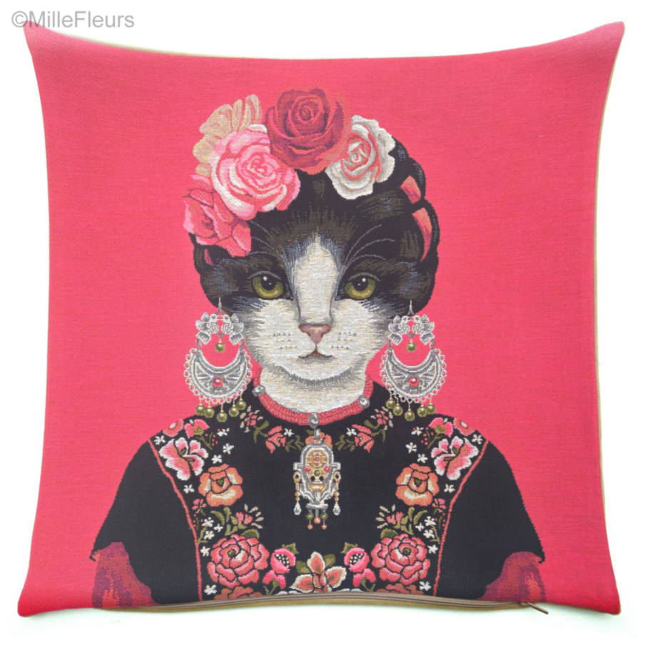 Frida Kahlo Chat, fuchsia Housses de coussin Chats - Mille Fleurs Tapestries