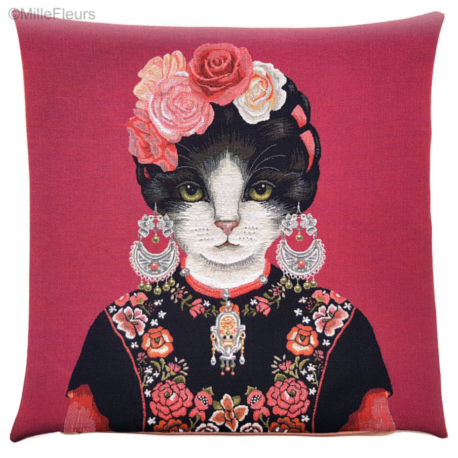 Frida Kahlo Cat & Earrings, red Tapestry cushions Cats - Mille Fleurs Tapestries