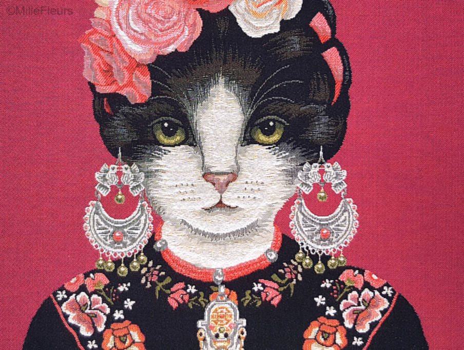 Frida Kahlo Cat & Earrings, red Tapestry cushions Cats - Mille Fleurs Tapestries