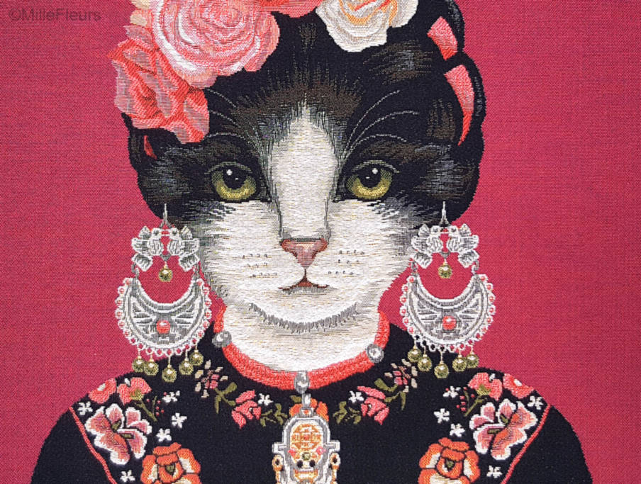 Frida Kahlo Chat, rouge Housses de coussin Chats - Mille Fleurs Tapestries