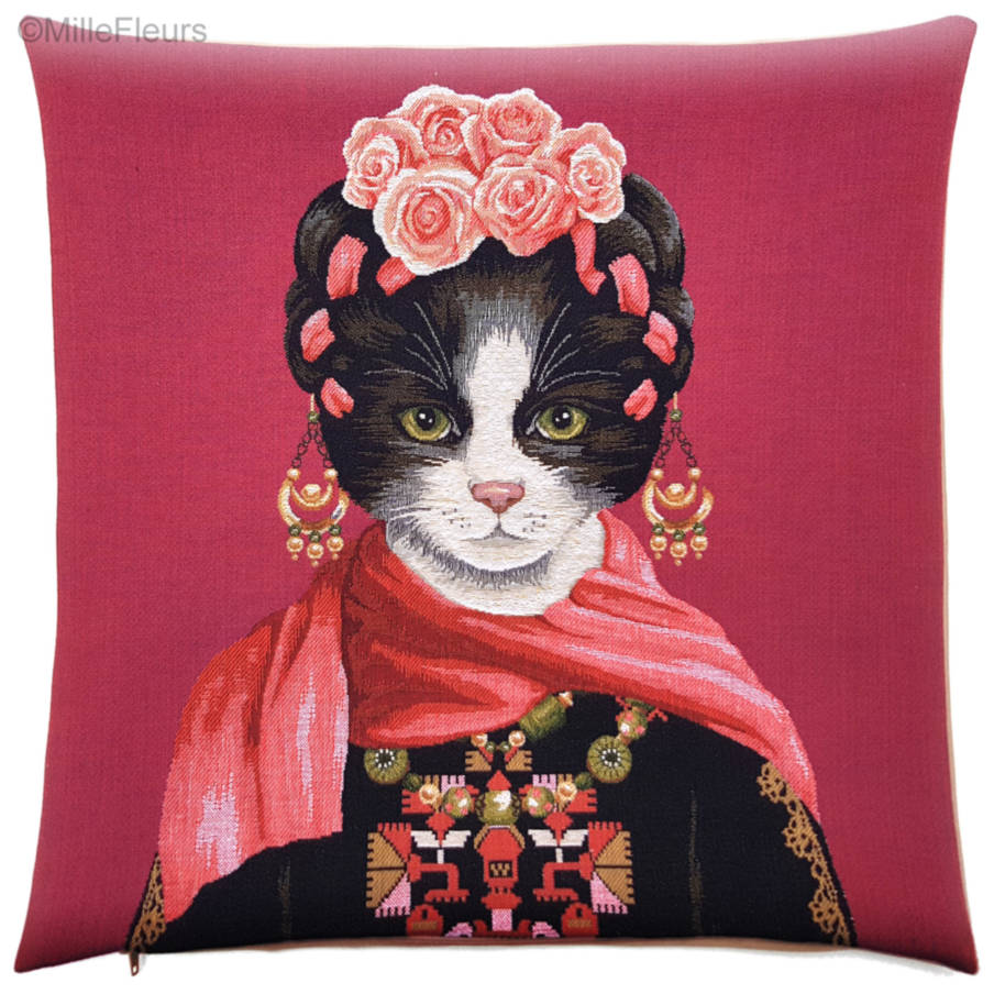 Frida Kahlo Cat & Scarf, red Tapestry cushions Cats - Mille Fleurs Tapestries