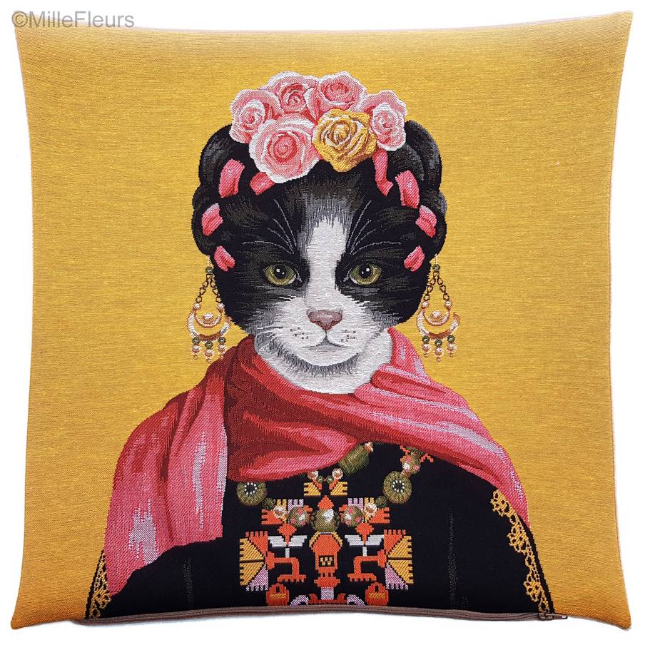 Frida Kahlo Cat & Scarf, yellow Tapestry cushions Cats - Mille Fleurs Tapestries