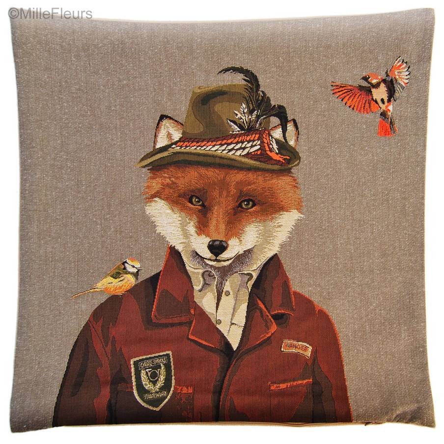 Dressed Fox with Birds Tapestry cushions Foxes - Mille Fleurs Tapestries