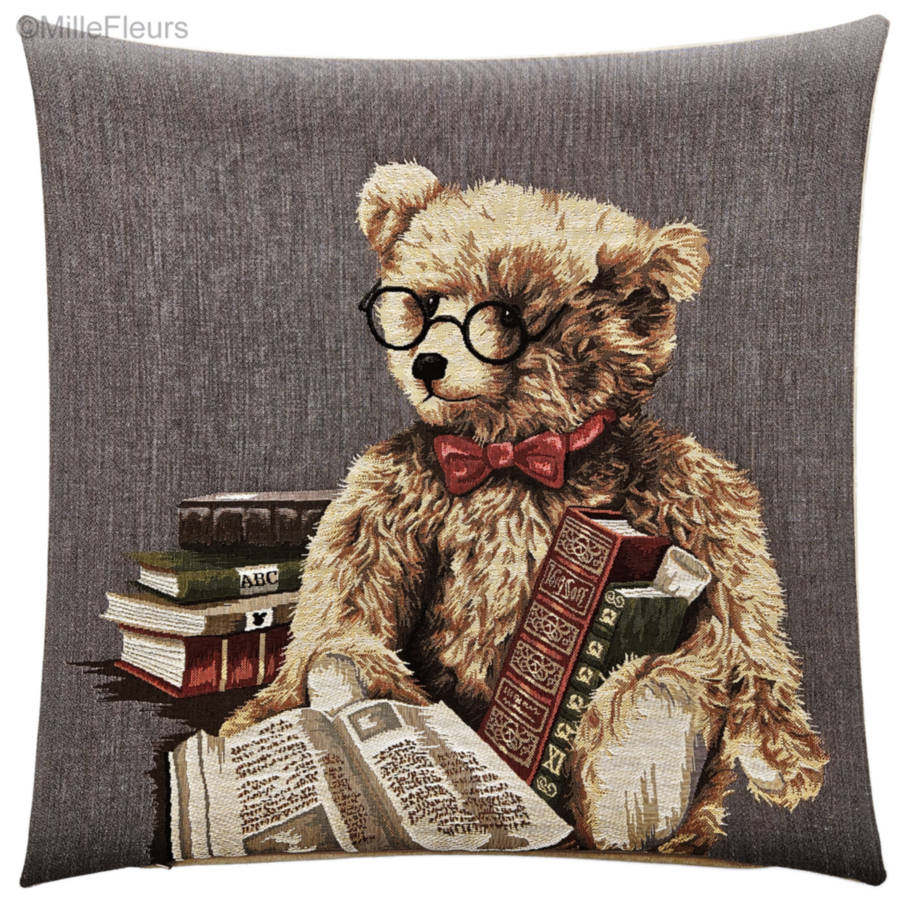 Reading Teddy Bear Tapestry cushions Library - Mille Fleurs Tapestries