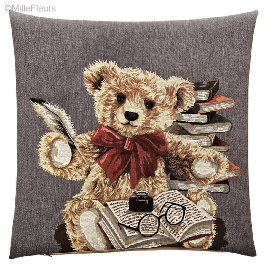 Writing Teddy Bear Tapestry cushions Library - Mille Fleurs Tapestries