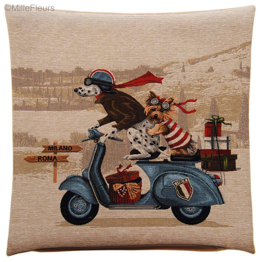 Dalmatian and Yorkshire Terrier on Blue Vespa Tapestry cushions Dogs in Traffic - Mille Fleurs Tapestries