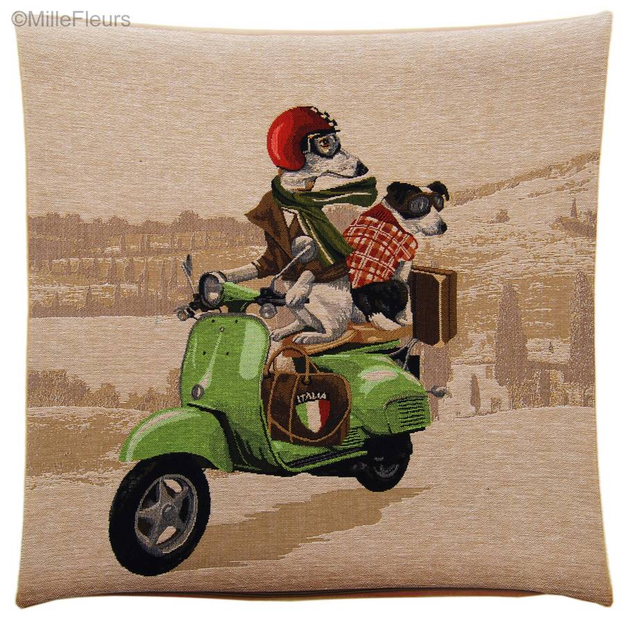 Whippet and Jack Russell on Green Vespa Tapestry cushions Dogs in Traffic - Mille Fleurs Tapestries