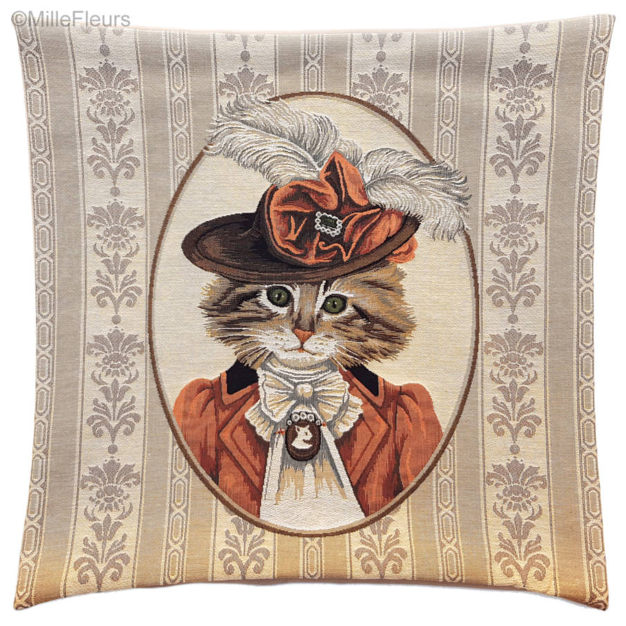 Victorian Cat Salmon Outfit Tapestry cushions Cats - Mille Fleurs Tapestries