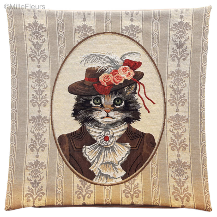 Victorian Cat Brown Outfit Tapestry cushions Cats - Mille Fleurs Tapestries