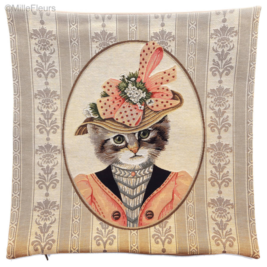 Victorian Cat Pink Outfit Tapestry cushions Cats - Mille Fleurs Tapestries