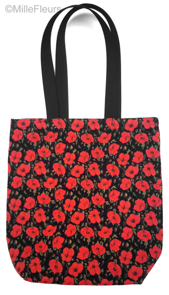 Small poppies on black Tote Bags Flowers - Mille Fleurs Tapestries