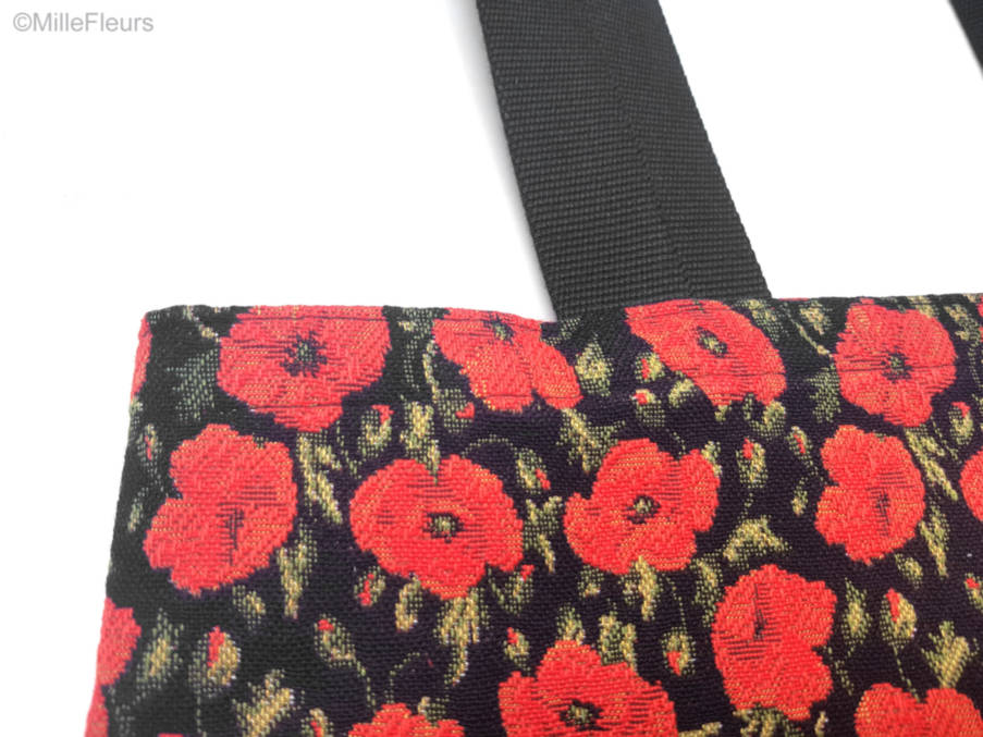 Small poppies on black Tote Bags Flowers - Mille Fleurs Tapestries