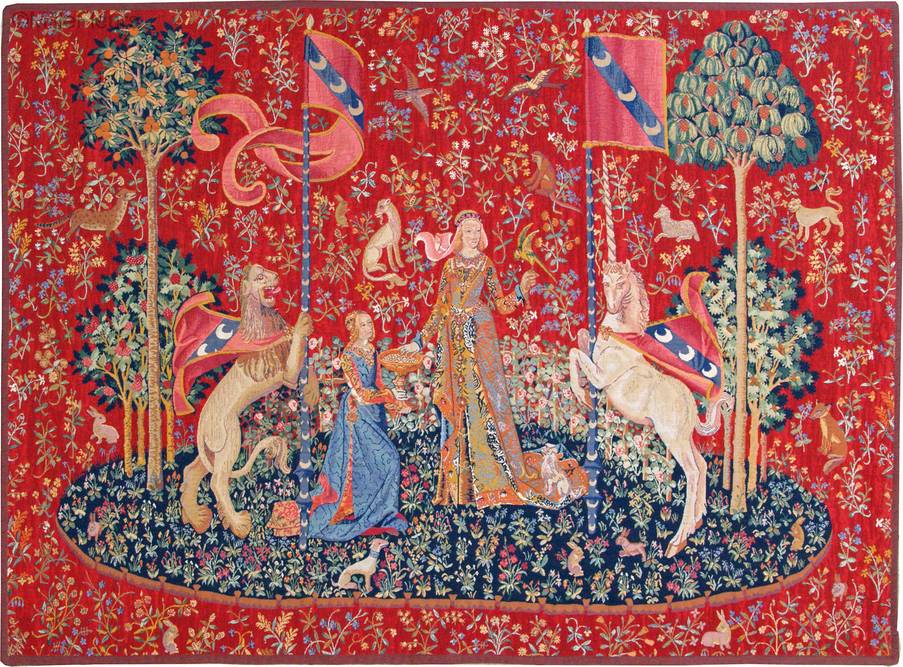 The Taste, red Wall tapestries Lady and the Unicorn - Mille Fleurs Tapestries