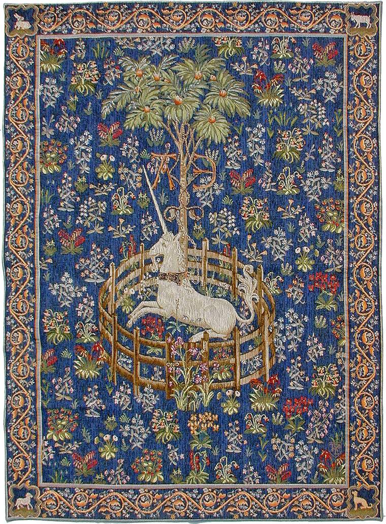 Eenhoorn in Gevangenschap, blue Wandtapijten Jacht op de Eenhoorn - Mille Fleurs Tapestries